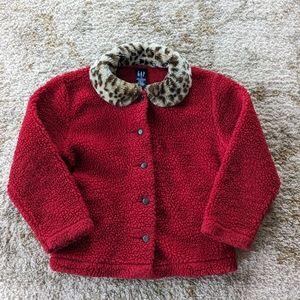 Gap Kids Girls Red Sherpa Jacket Sweater Brown Leopard Fur Collar Size Small